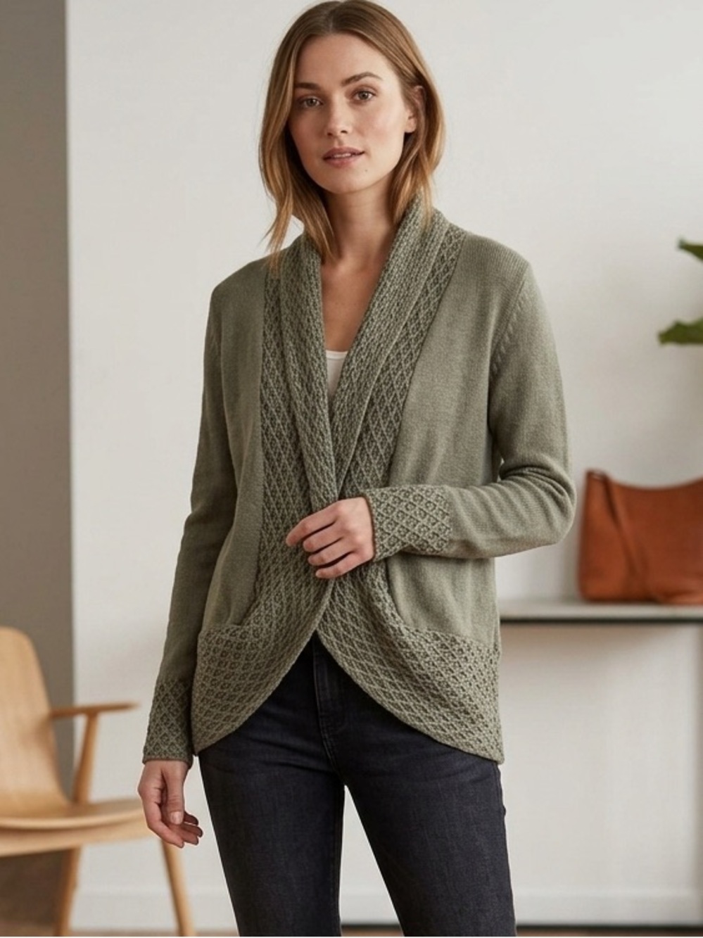 Aventura Olive Green Textured Open-Front Cardigan